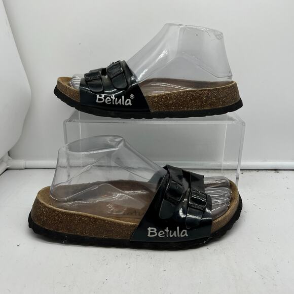 Betula Birkenstock Sandals 6 Womens Ibiza Black Patent Double Strap Slides * - Picture 1 of 9